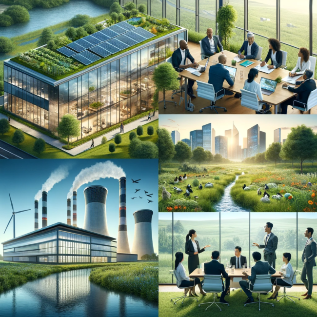 DALL·E 2023-11-20 14.17.50 – A series of images depicting sustainability and corporate social responsibility. Image 1_ A modern office building with solar panels and a green roof,