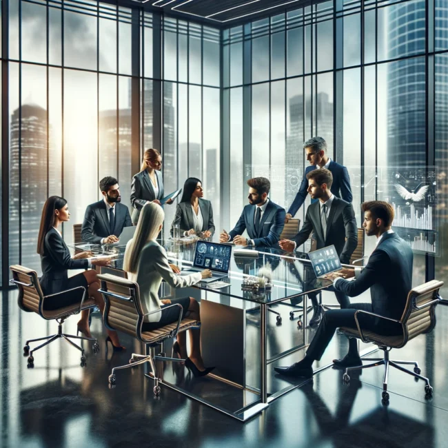DALL·E 2024-03-22 16.45.37 – A group of professional and sophisticated fractional managers discussing strategies around a modern, glass conference table in an elegant office envir