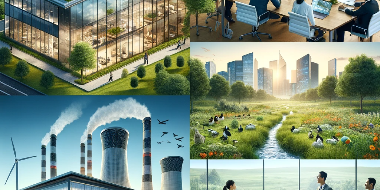 DALL·E 2023-11-20 14.17.50 - A series of images depicting sustainability and corporate social responsibility. Image 1_ A modern office building with solar panels and a green roof,