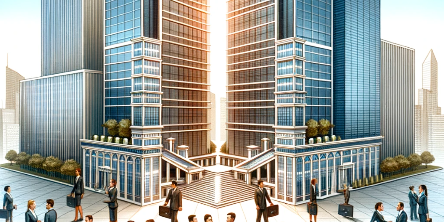 DALL·E 2023-11-30 15.11.31 - An illustration representing the concept of merger and acquisition. It features two distinct corporate buildings, one traditional and one modern, merg