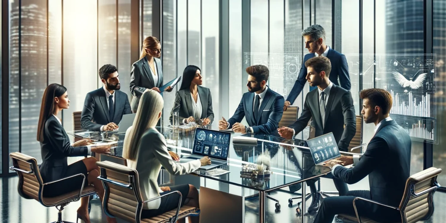 DALL·E 2024-03-22 16.45.37 - A group of professional and sophisticated fractional managers discussing strategies around a modern, glass conference table in an elegant office envir